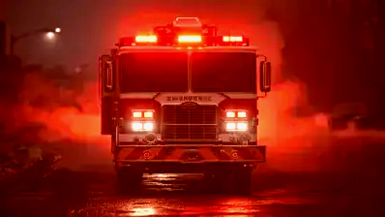 Milwaukee firefighters operate a fire truck amid smoky conditions during an emergency response.